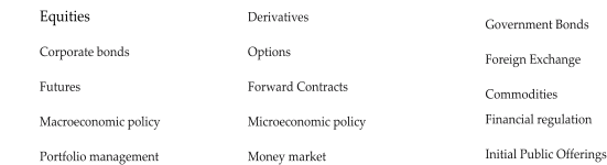 	Derivatives 	Options 	Forward Contracts 	Microeconomic policy 	Money market 	Government Bonds 	Foreign Exchange 	Commodities 	Financial regulation 	Initial Public Offerings 	Equities 	Corporate bonds 	Futures 	Macroeconomic policy 	Portfolio management